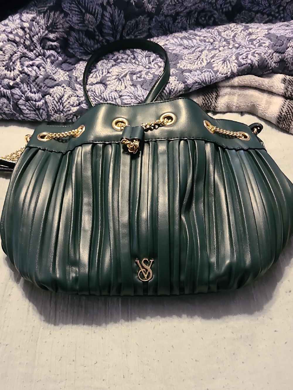 Victoria's Secret Green Pleated Drawstring Crossbody Bag